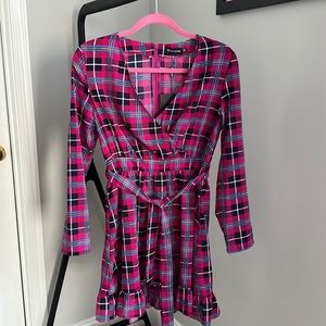 PrettyLittleThing Pink Purple Plaid Check Print Wrap Mini Long Sleeve Dress Sz 6
